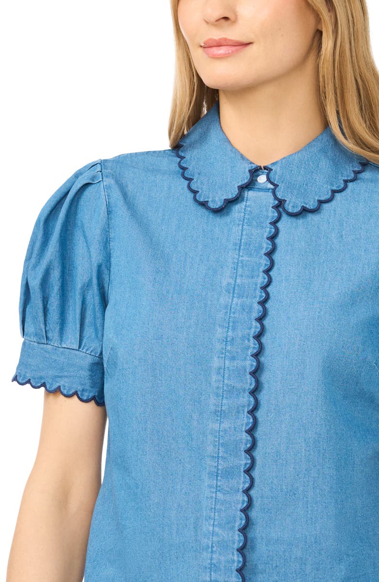 CeCe Scallop Trim Puff Sleeve Denim Placket Button-Up Shirt, Alternate, color, Light Indigo