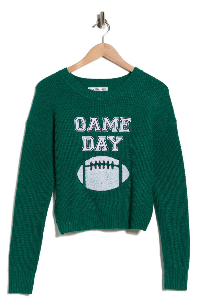 Madden Girl Game Day Embroidered Sweater, Alternate, color, Green Combo
