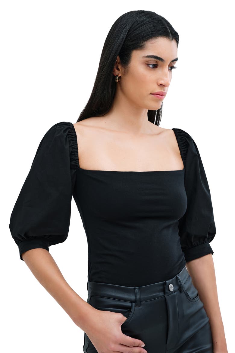Alana Mixed Media Puff Sleeve Top, Alternate, color, BLACK