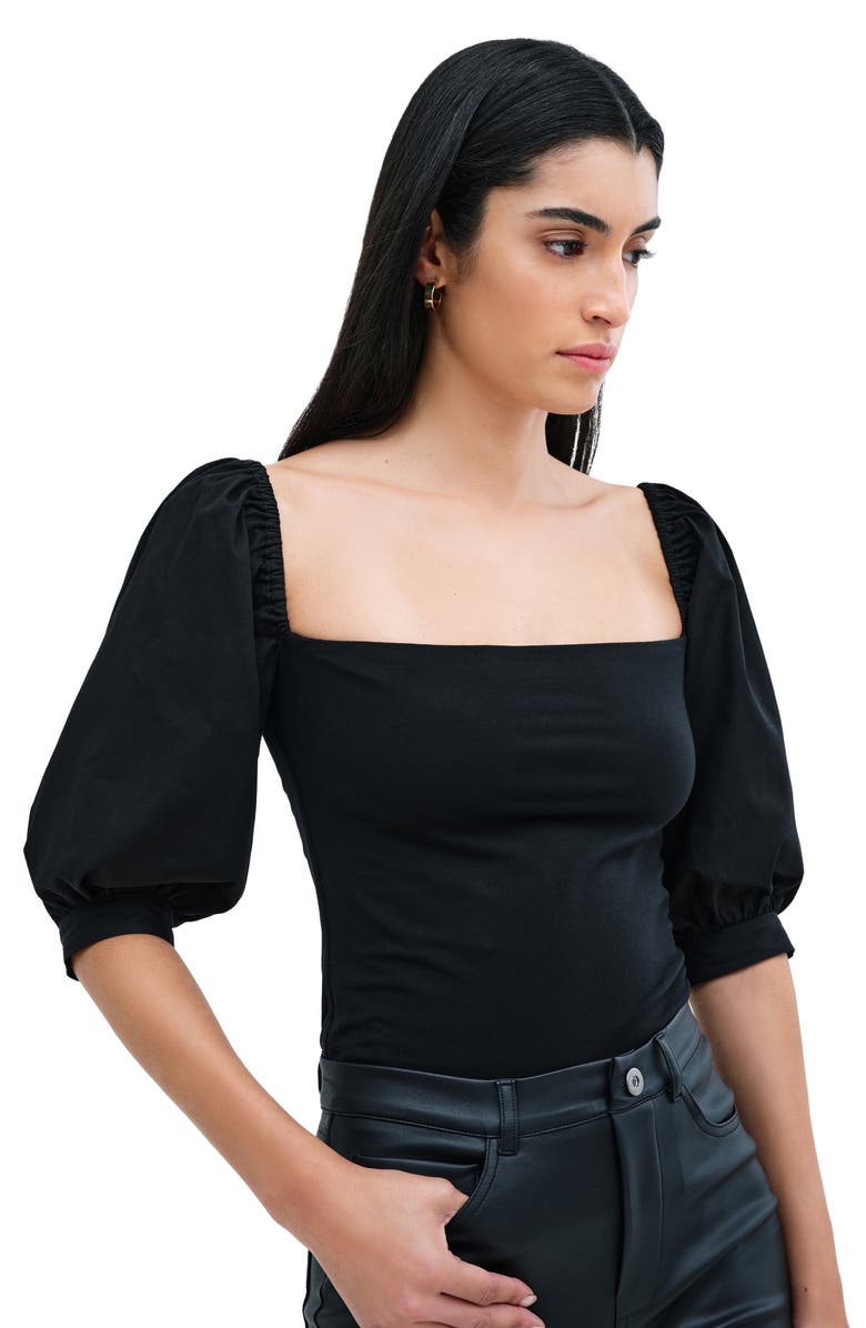 Marcella Alana Mixed Media Puff Sleeve Top, Alternate, color, Black
