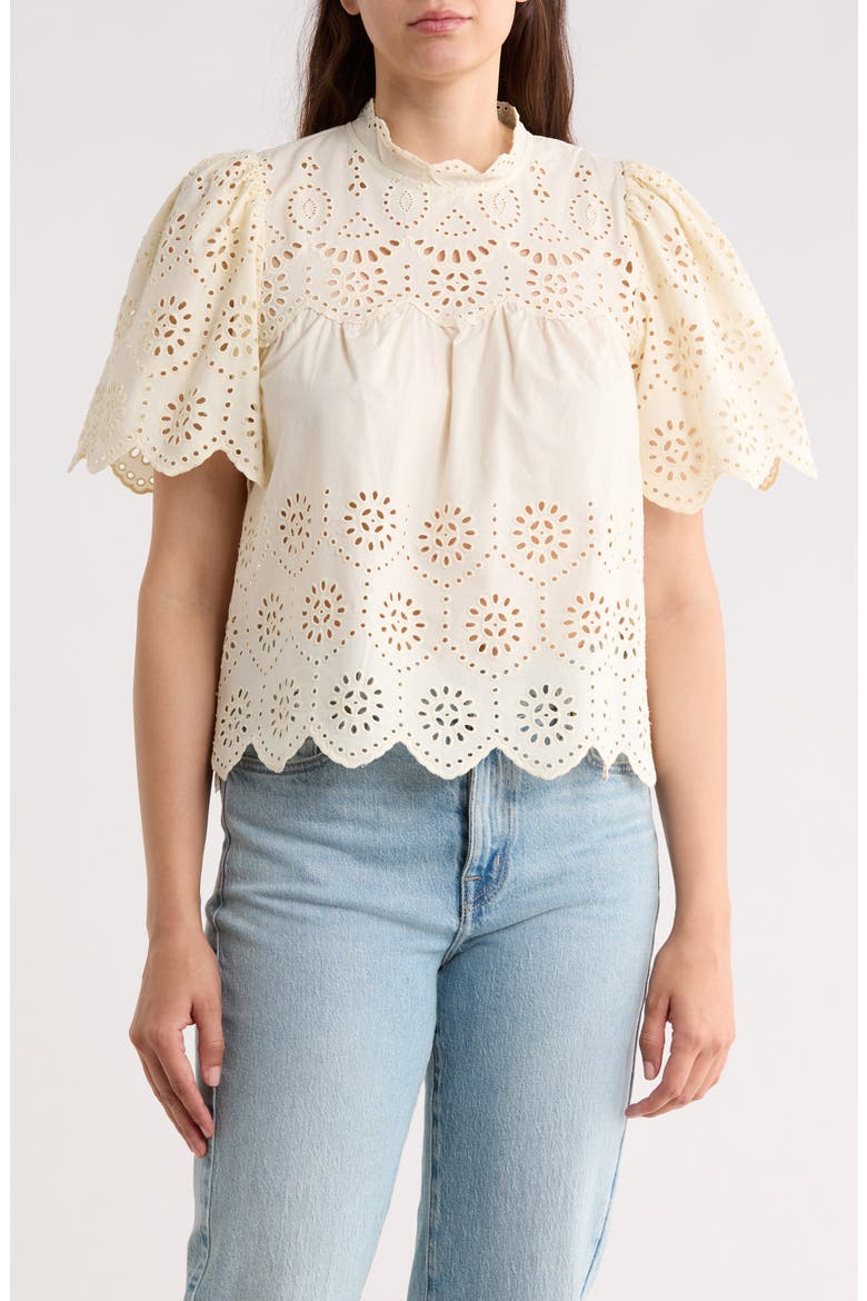 Embroidered Eyelet Short Sleeve Cotton Top, Main, color, ECRU