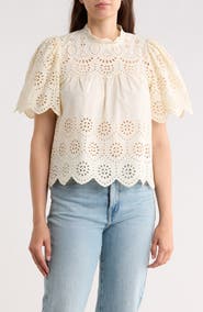 T Tahari Embroidered Eyelet Short Sleeve Cotton Top