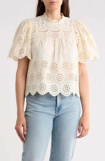 T Tahari Embroidered Eyelet Short Sleeve Cotton Top