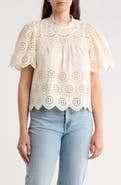 T Tahari Embroidered Eyelet Short Sleeve Cotton Top