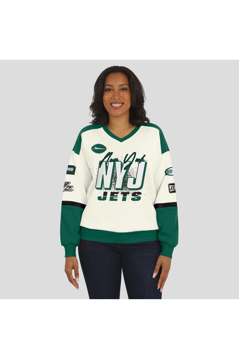 Women's WEAR by Erin Andrews  Cream New York Jets Racing Crew V-Neck Sweatshirt, Alternate, color, Cream