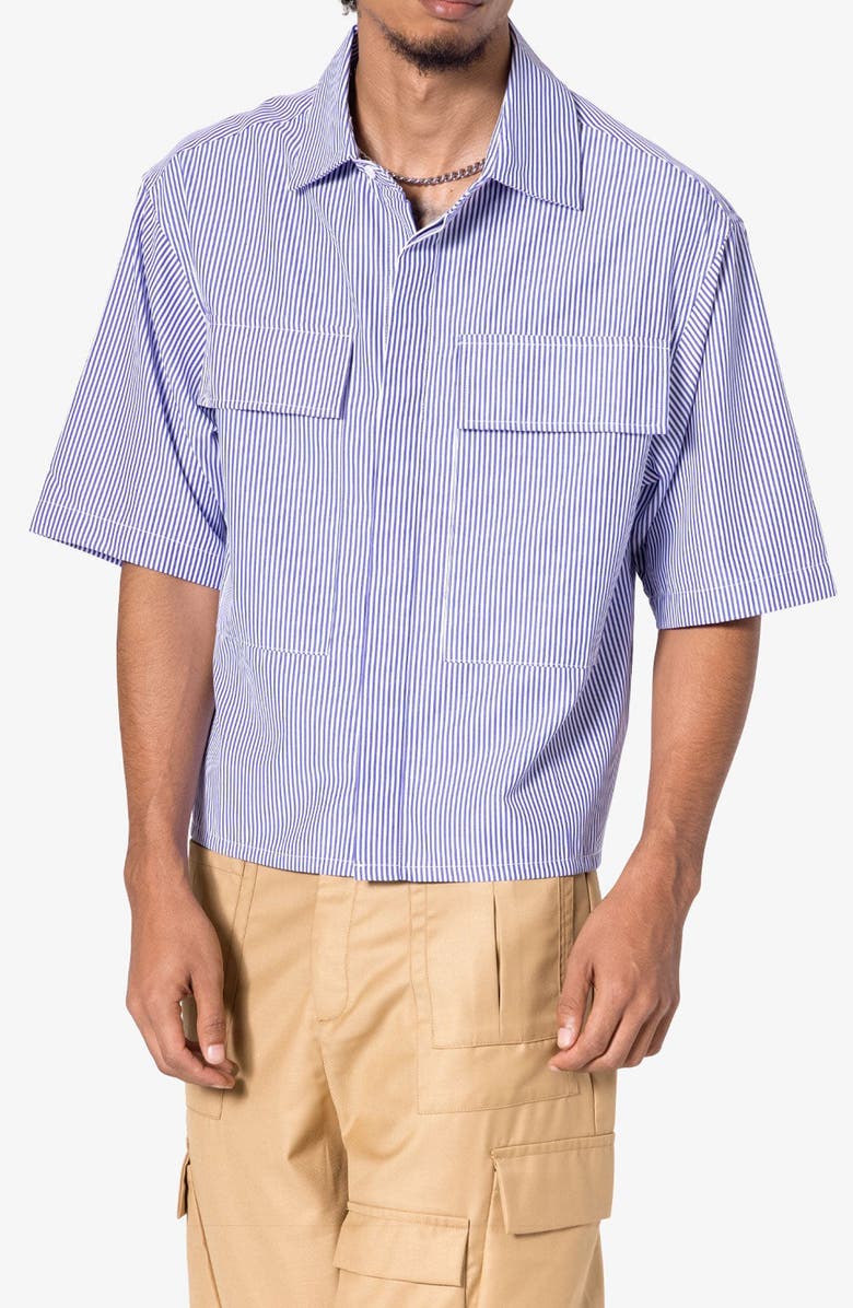 mnml Oversize Crop Stripe Short Sleeve Button-Up Shirt, Main, color,