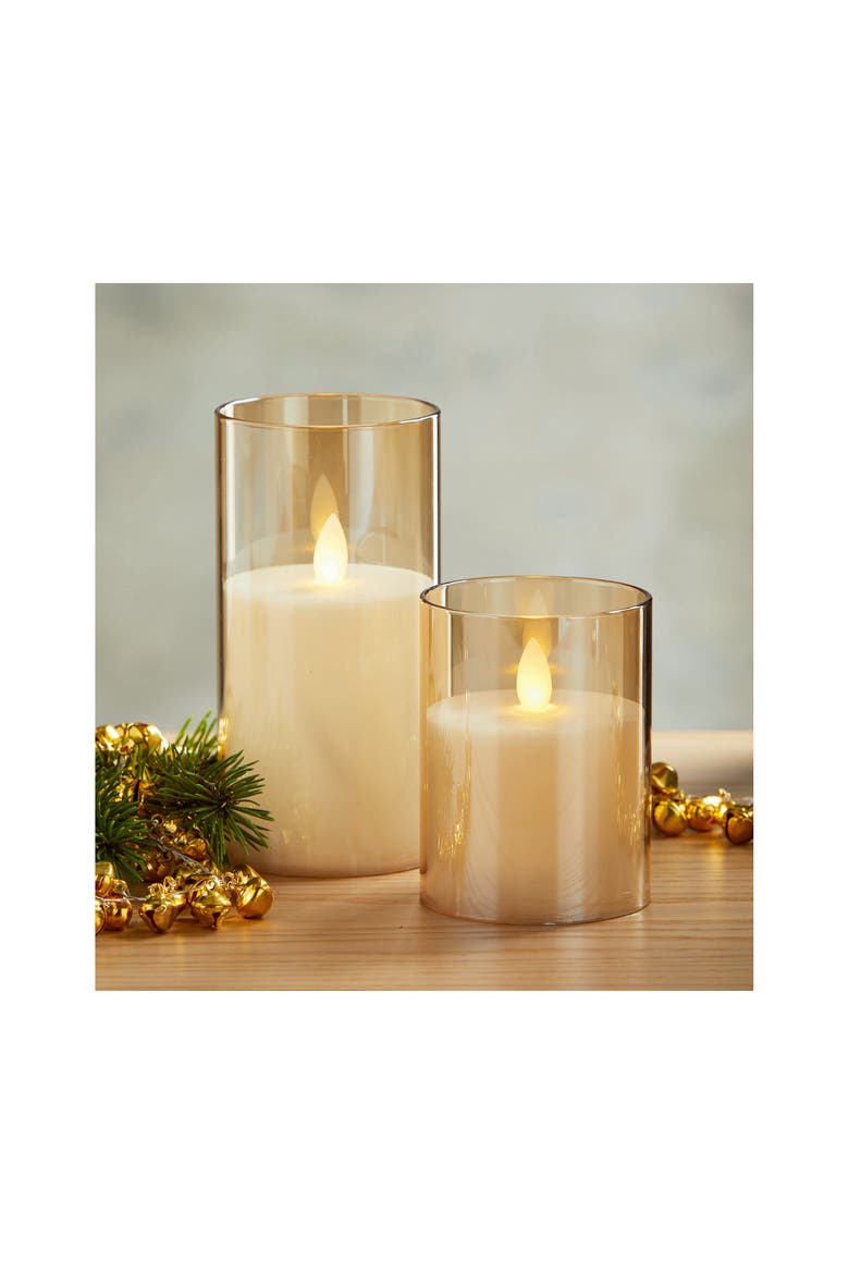 Estella Amber Glass Hurricane with Flameless Candle Lantern, Alternate, color, Brown