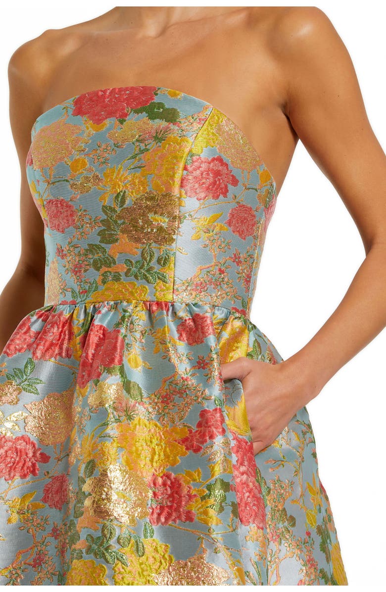 Mac Duggal Women's Strapless Brocade Floral Gown With Ruffle Hem, Alternate, color, Turquoise Multi