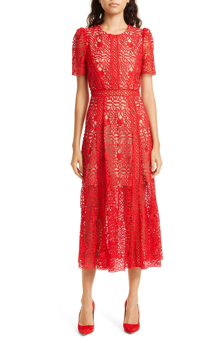 Self-Portrait Guipure Lace Midi Dress, Main, color, 