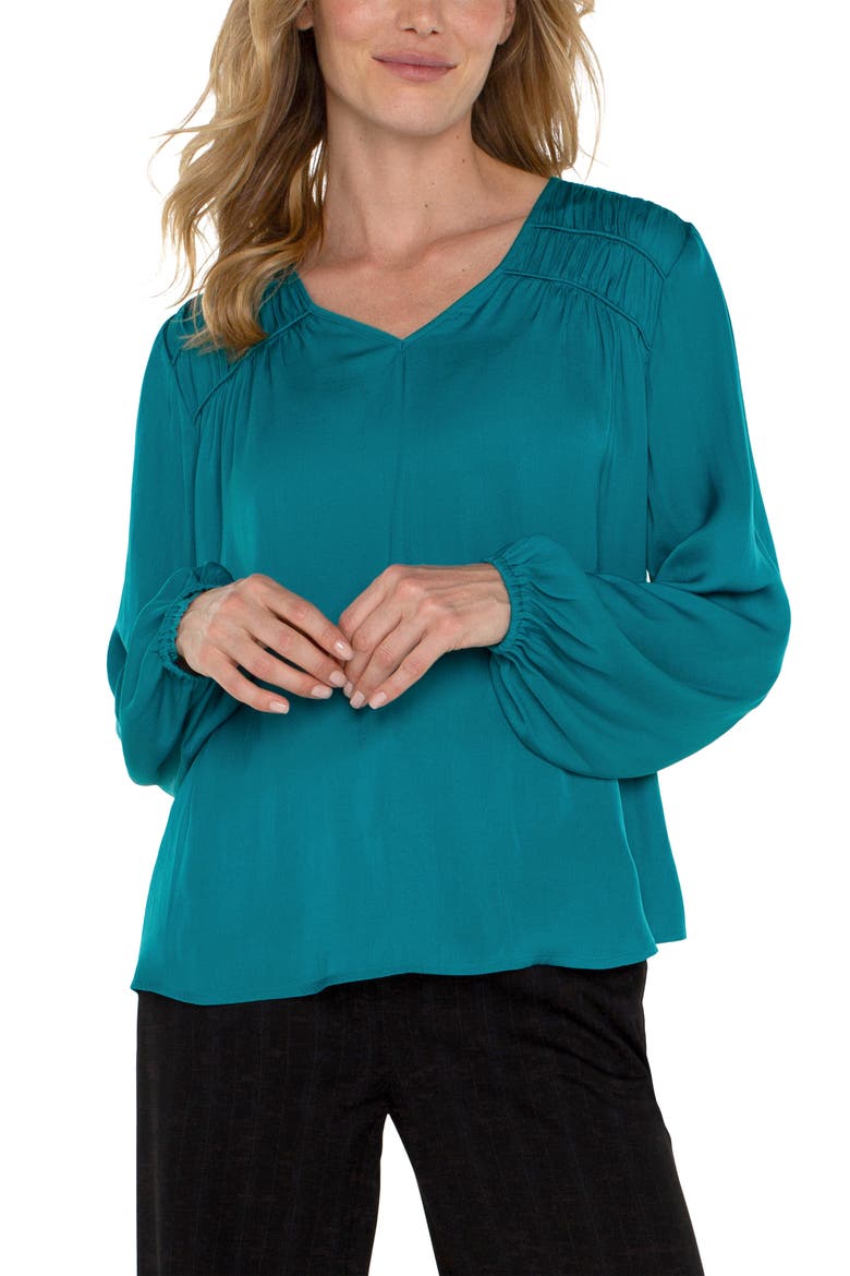 Shirred V-Neck Top, Alternate, color, MALACHITE