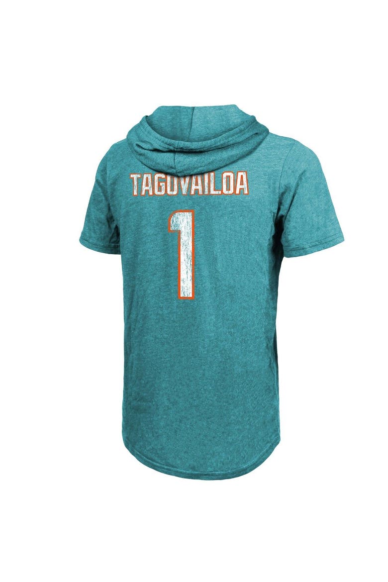 Men's Majestic Threads Tua Tagovailoa Aqua Miami Dolphins Player Name & Number Tri-Blend Slim Fit Hoodie T-Shirt, Alternate, color, Aqua