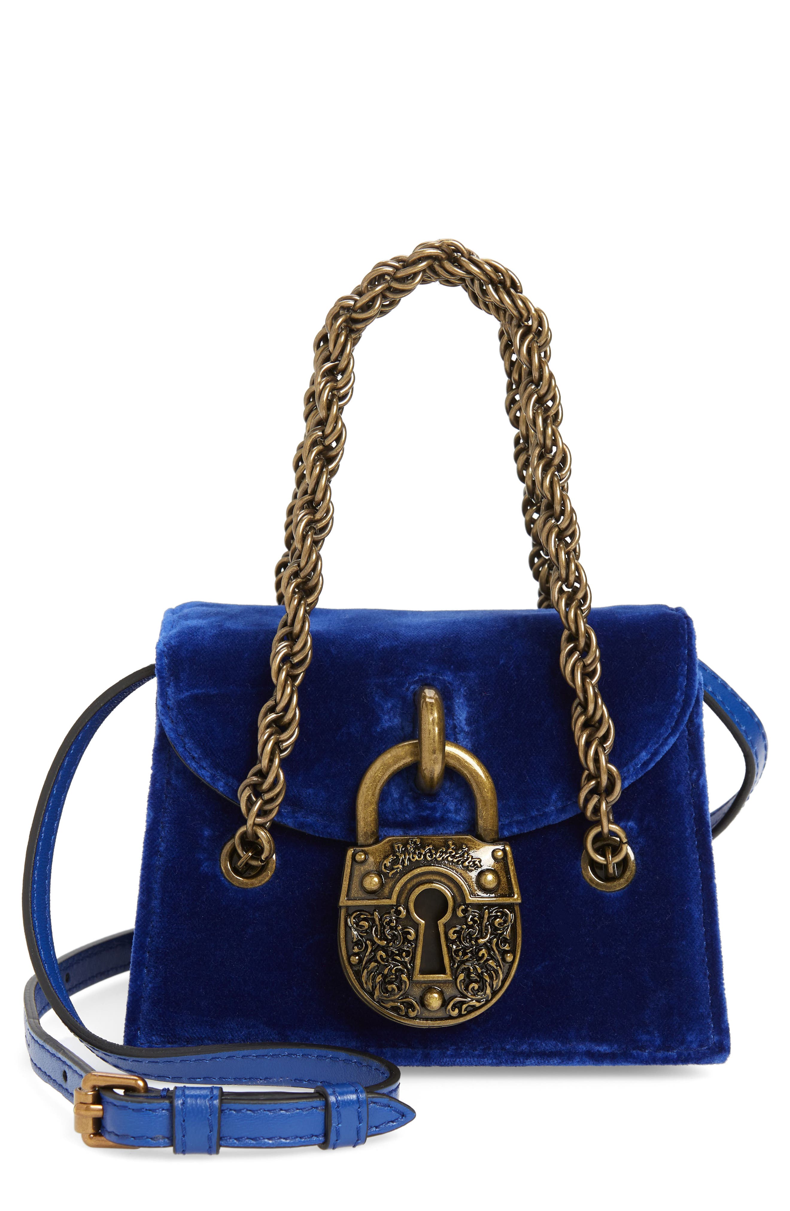 Moschino Padlock Velvet Crossbody Bag, Main, color, 