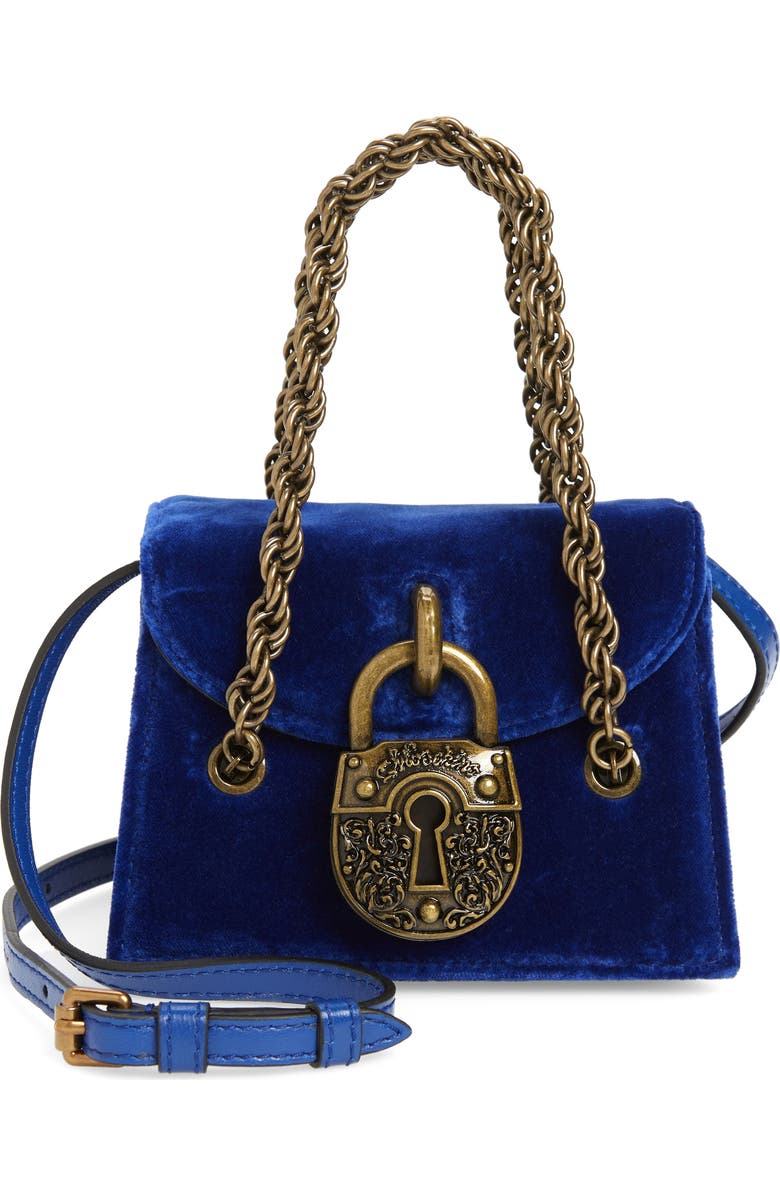 Moschino Padlock Velvet Crossbody Bag, Main, color,