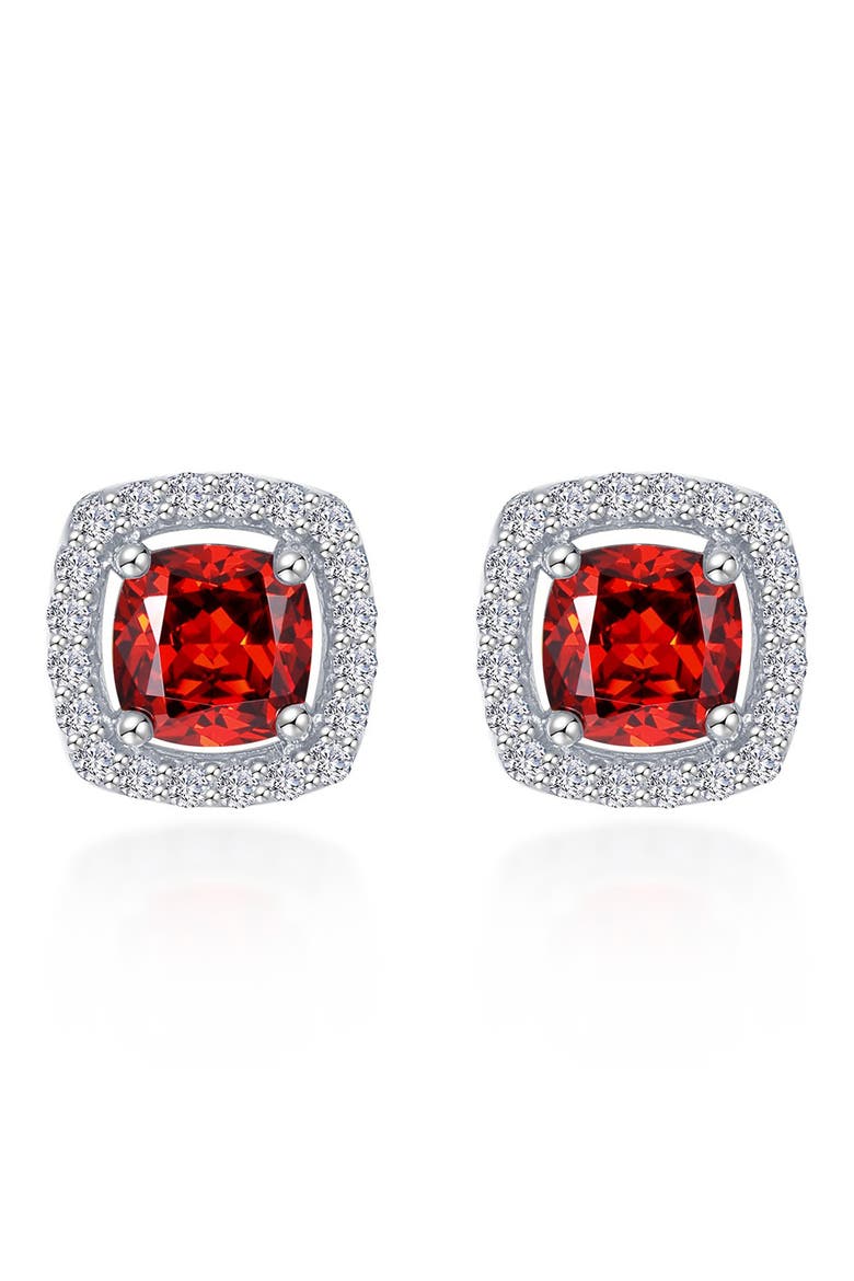 Cushion Cut Simulated Garnet & Simulated Diamond Halo Stud Earrings, Main, color, RED