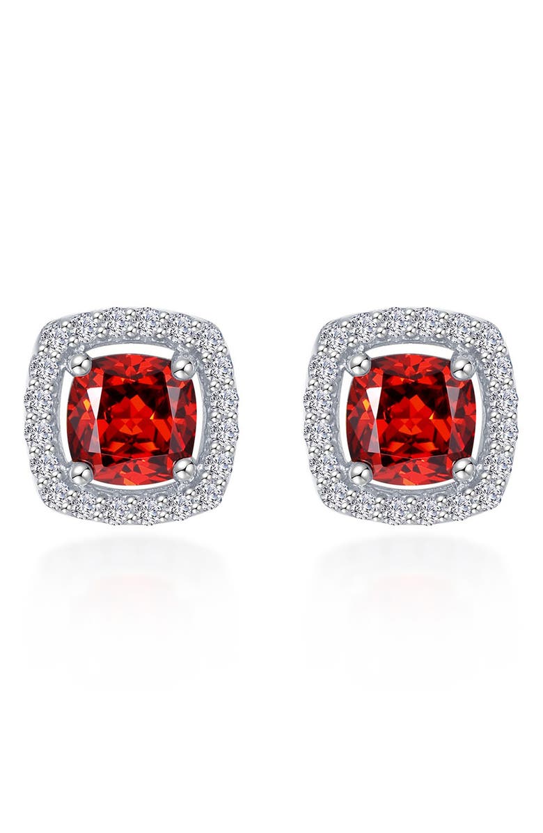 Lafonn Cushion Cut Simulated Garnet & Simulated Diamond Halo Stud Earrings, Main, color, Red
