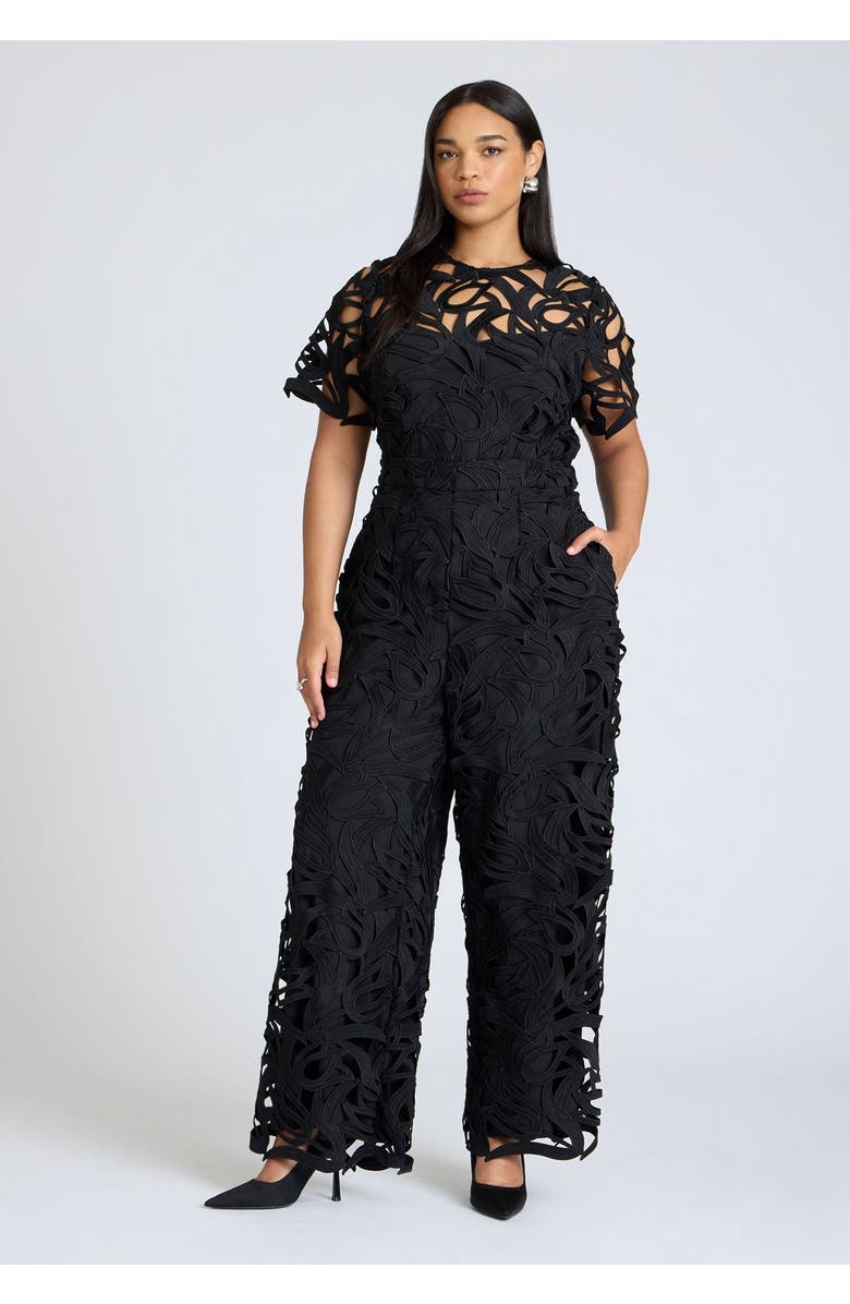 ELOQUII Short-Sleeve Lace Jumpsuit, Main, color, Black Onyx