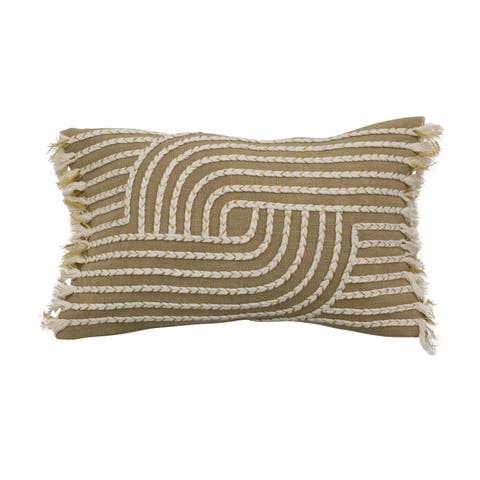 Bloomingville Cotton Slub Lumbar Pillow with Embroidery and Fringe, Multicolor