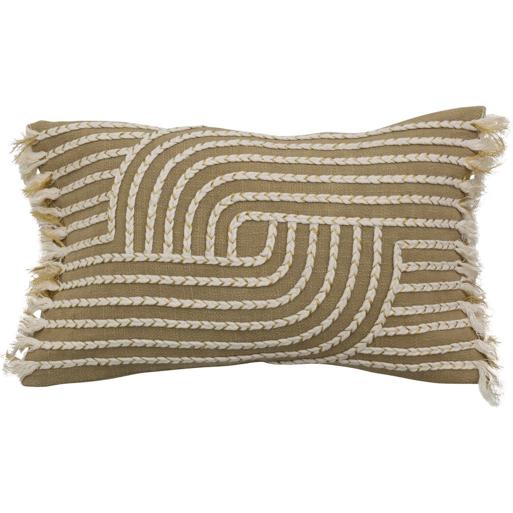 Storied Home Bloomingville Cotton Slub Lumbar Pillow With Embroidery And Fringe, Multicolor In Green