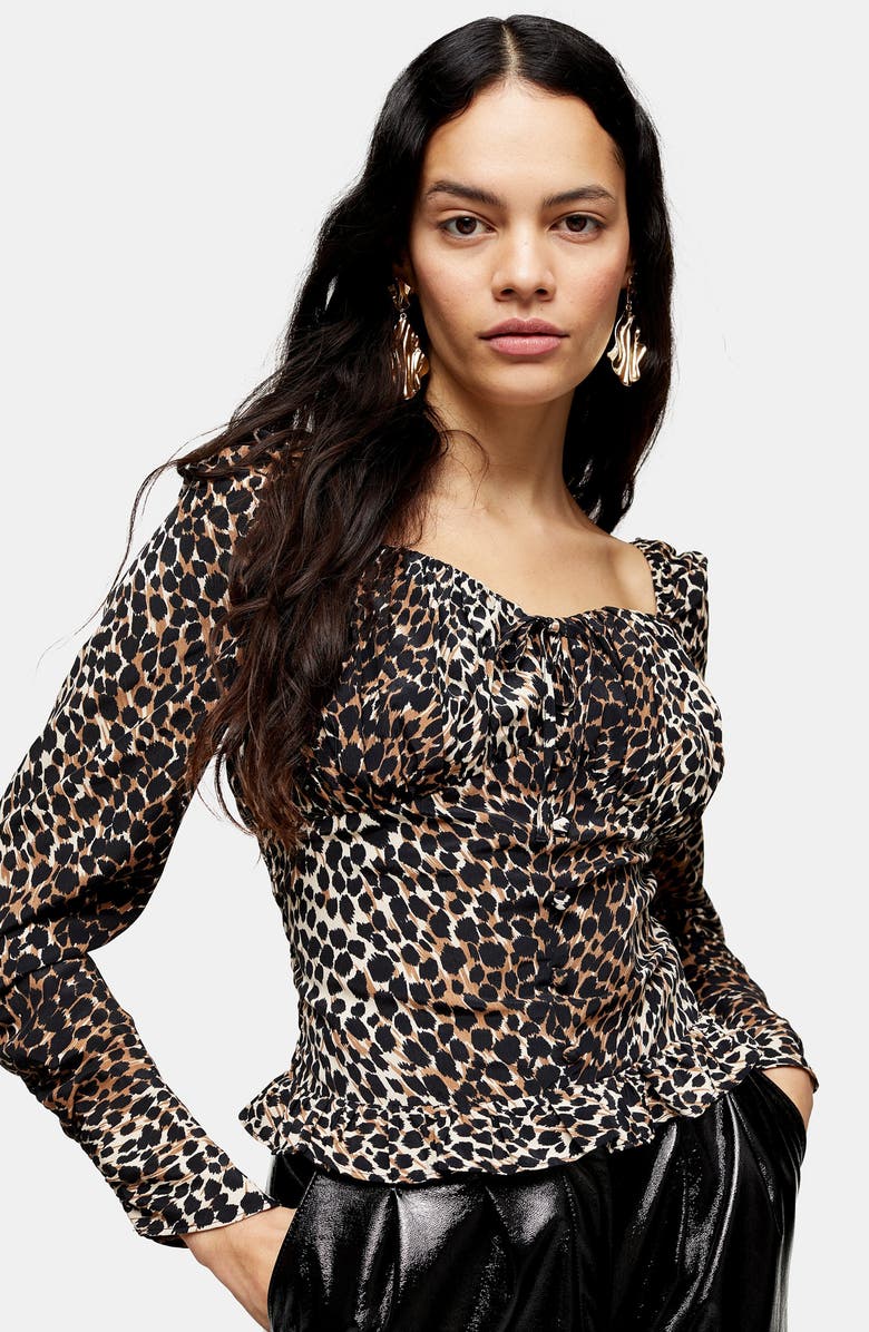 Topshop Leopard Ruched Prairie Blouse, Alternate, color, 