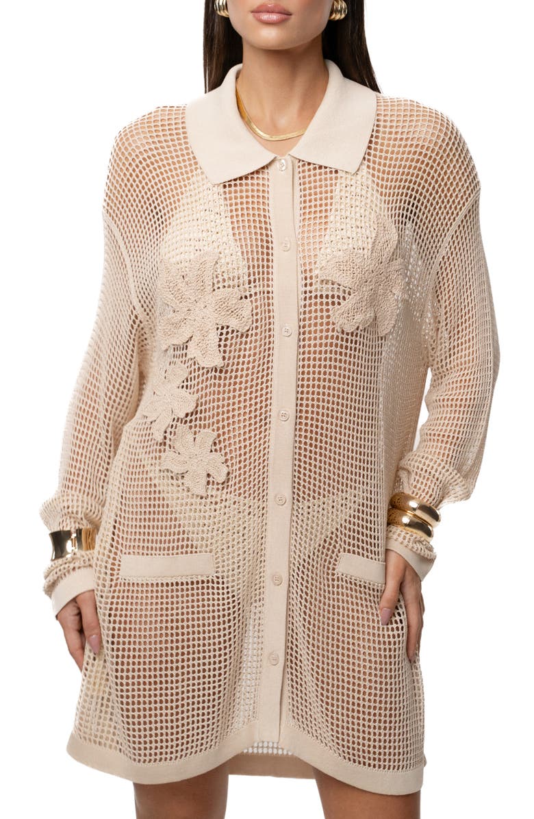 JLUXLABEL Solara Floral Appliqué Open Stitch Cover-Up Shirt, Main, color, Ivory