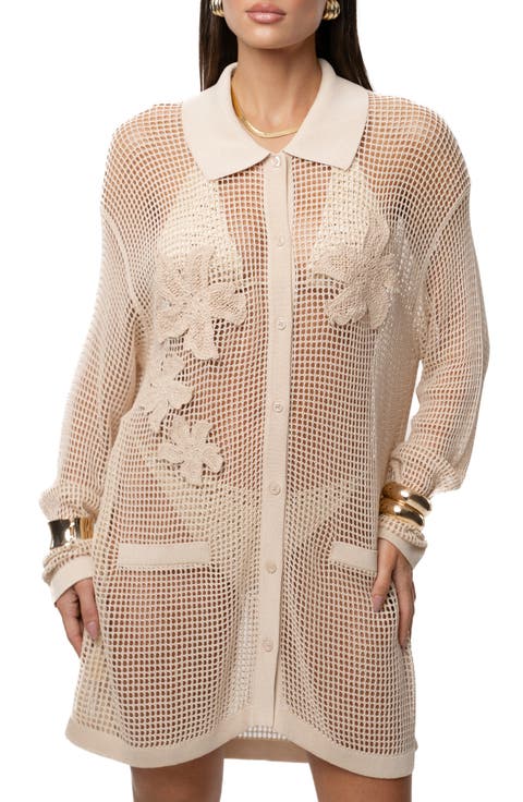 Solara Floral Appliqué Open Stitch Cover-Up Shirt