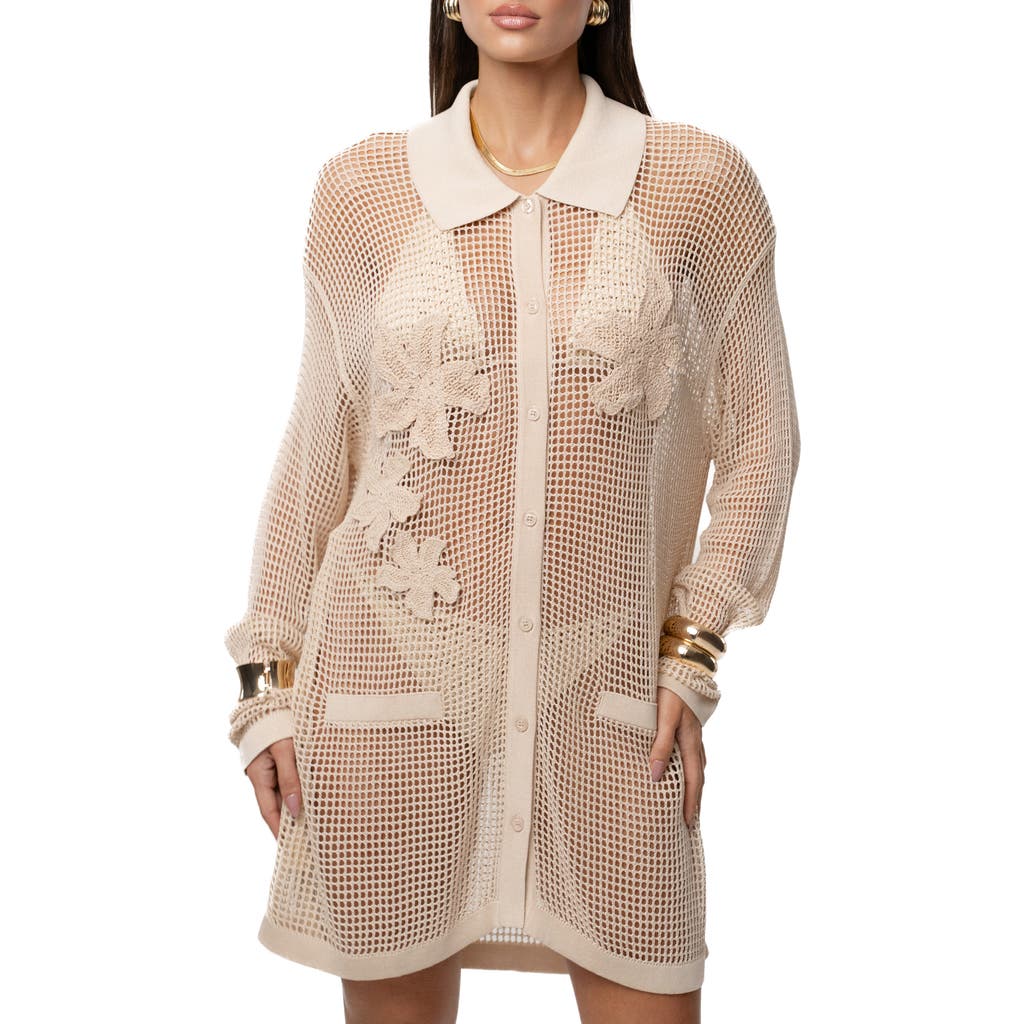 Jluxlabel Solara Floral Appliqué Open Stitch Cover-up Shirt In White