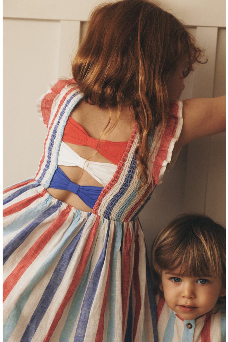Kids' Bow Back Shirred Dress, Alternate, color, BRIGHT BLUE/ POPPY RED STRIPE