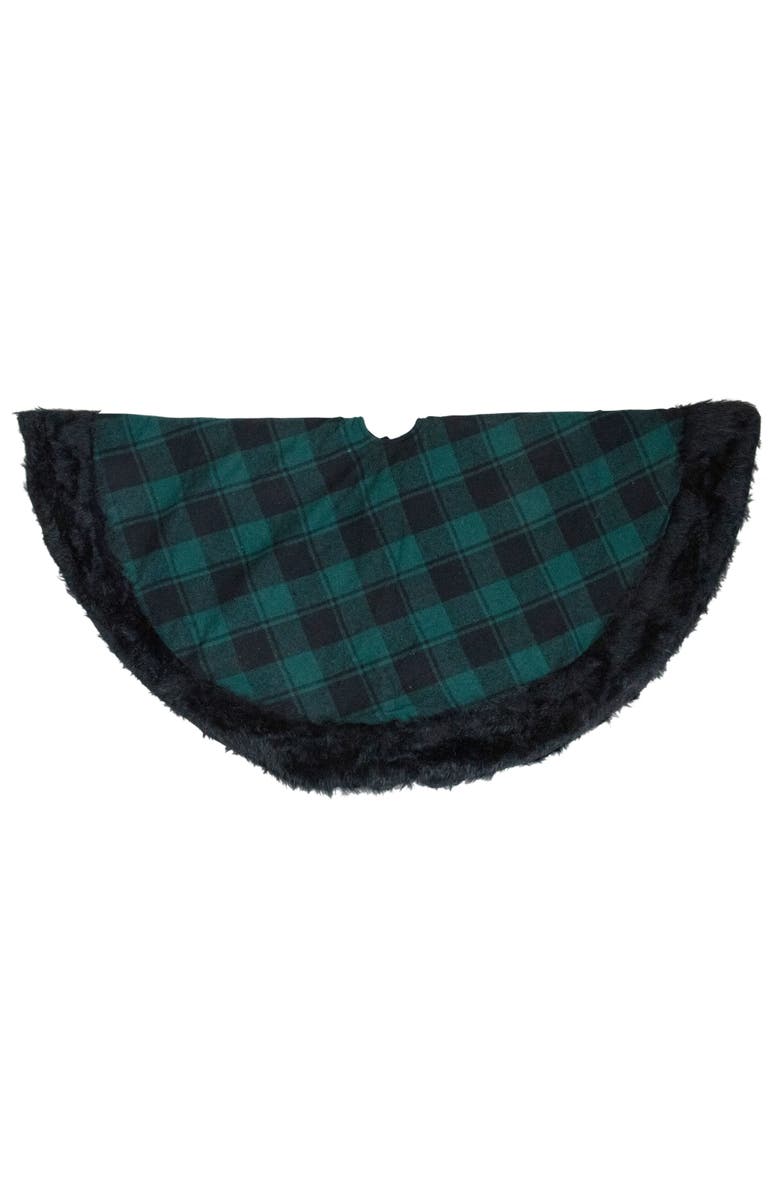Northlight 48" Green and Black Plaid Christmas Tree Skirt with Faux Fur, Alternate, color, Black