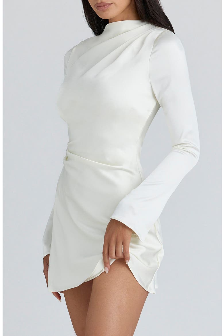 Lulu Pleated Long Sleeve Satin Minidress, Alternate, color, IVORY