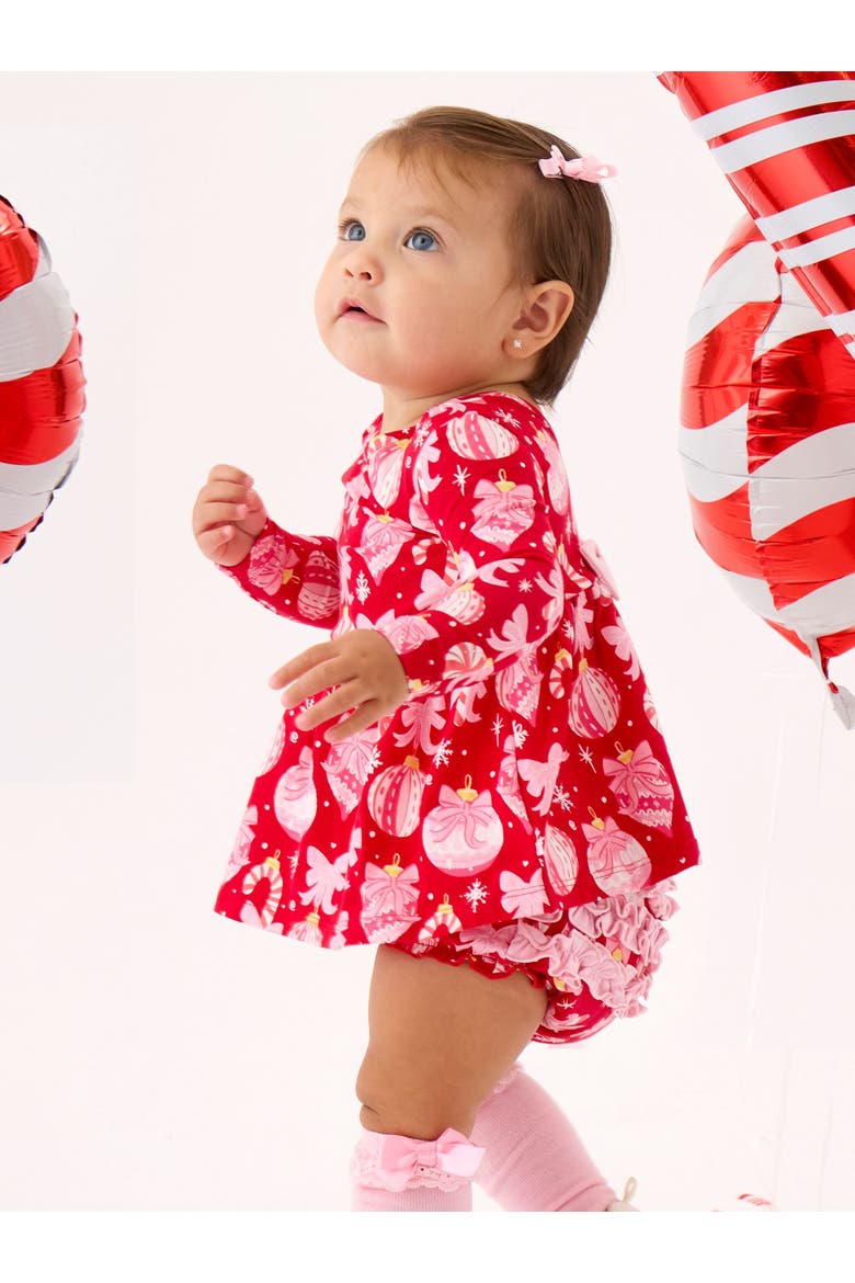 Holiday Knit Long Sleeve Twirl Top and Bloomer Set, Alternate, color, Red Holly Ornament Bows