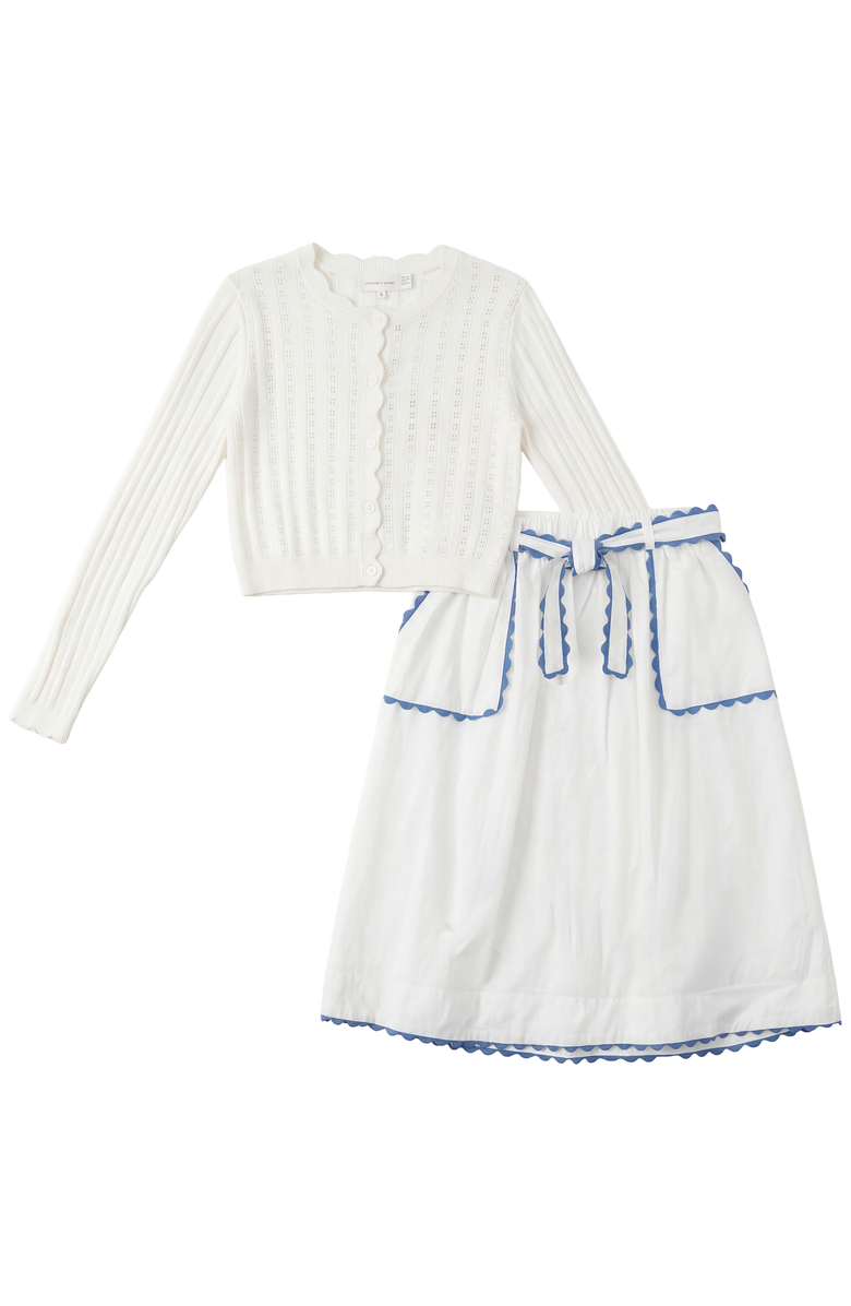 Charlotte & George Contrast Trim Cardigan and Skirt Set, Main, color, White