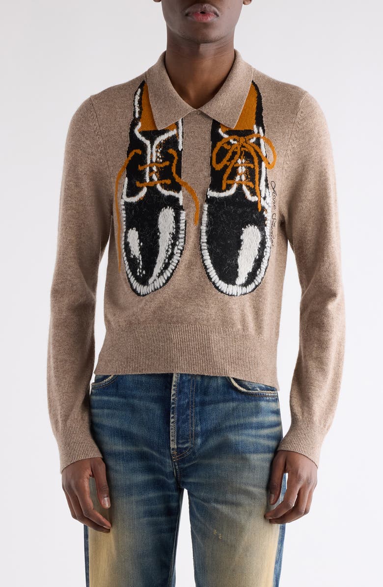 Acne Studios Klastron Shoes Intarsia Richard Wool & Yak Hair Blend Polo Sweater, Main, color, Greige Melange