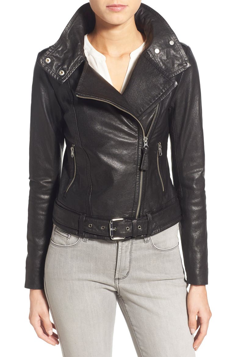 Hania Belted Leather Moto Jacket, Main, color, BLACK
