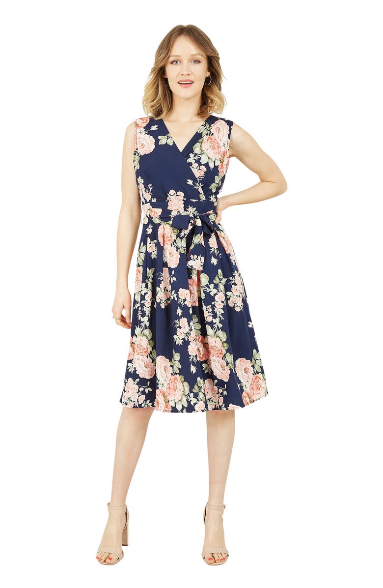 Yumi Floral Rose Wrap Over Sleeveless Dress, Main, color, Navy