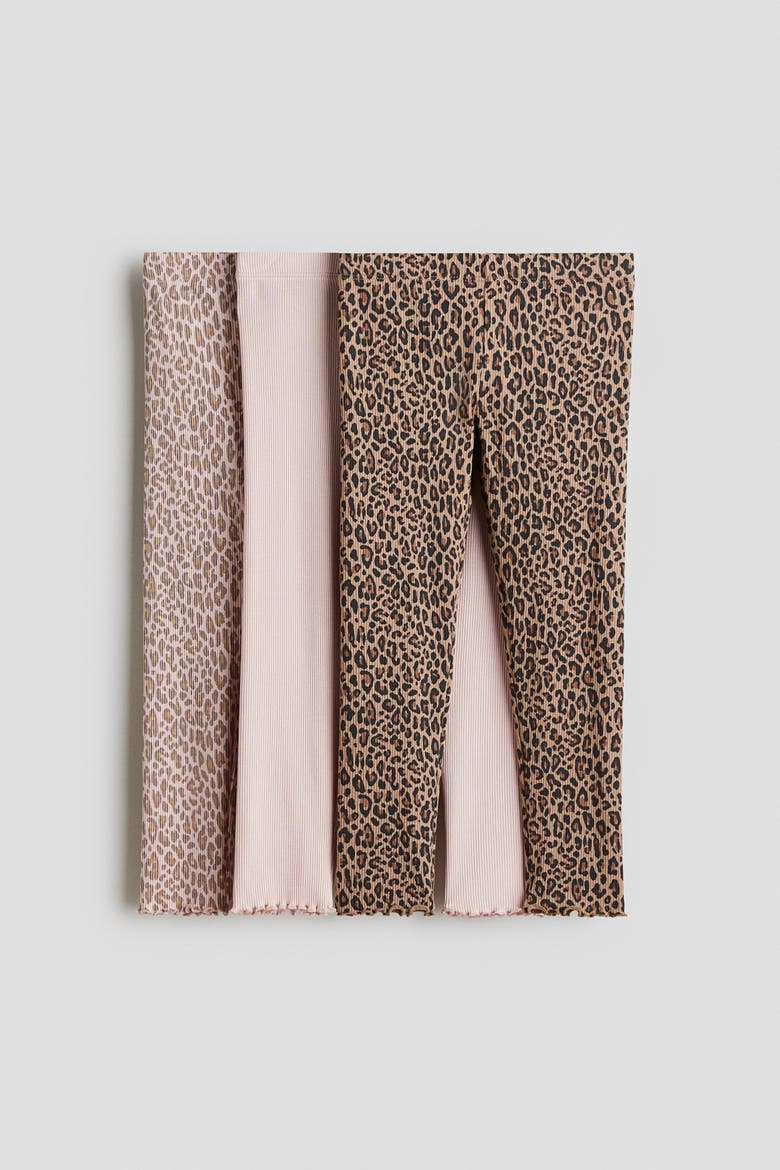 3-pack Ribbed Cotton Leggings, Main, color, Light pink/leopard print
