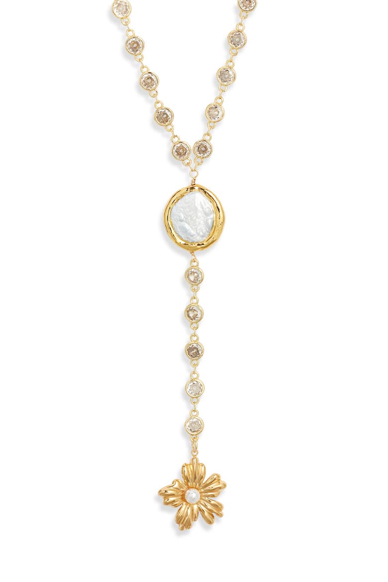Hibiscus Freshwater Pearl Y-Necklace, Main, color, GOLD