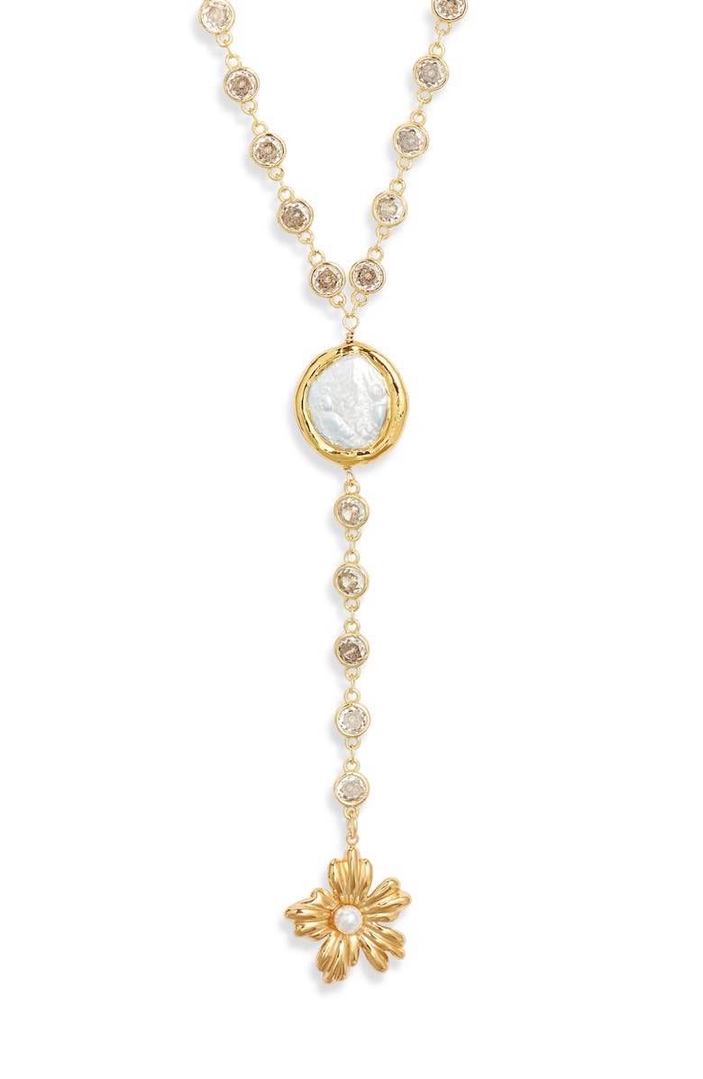 VIDAKUSH Hibiscus Freshwater Pearl Y-Necklace, Main, color, Gold