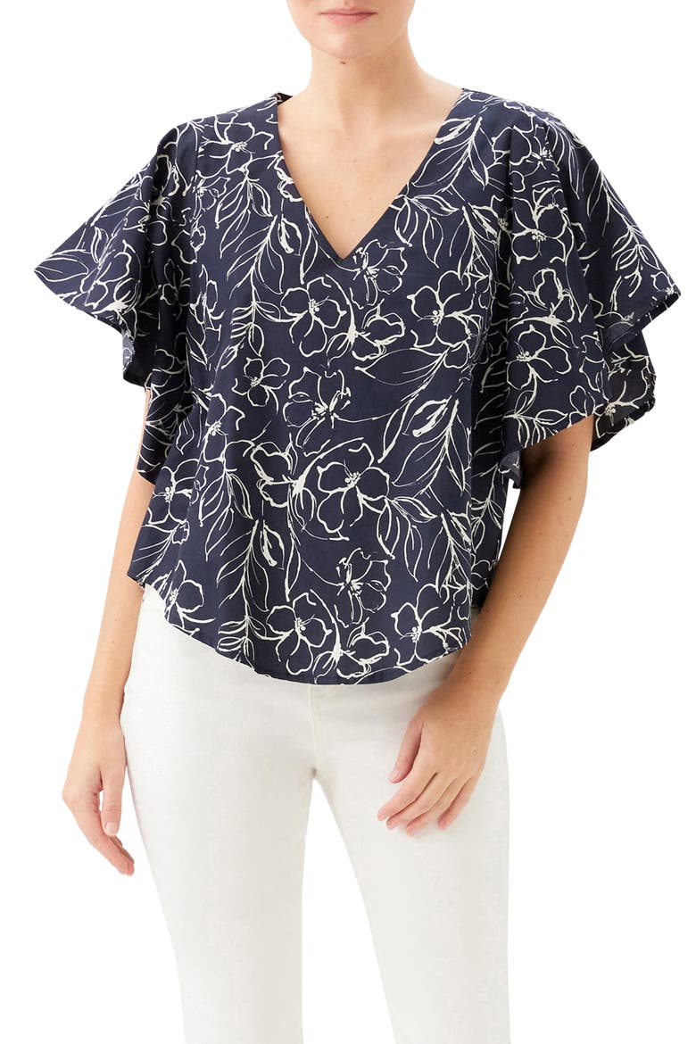 Flutter Sleeve V-Neck Cotton Top, Main, color, PRINT