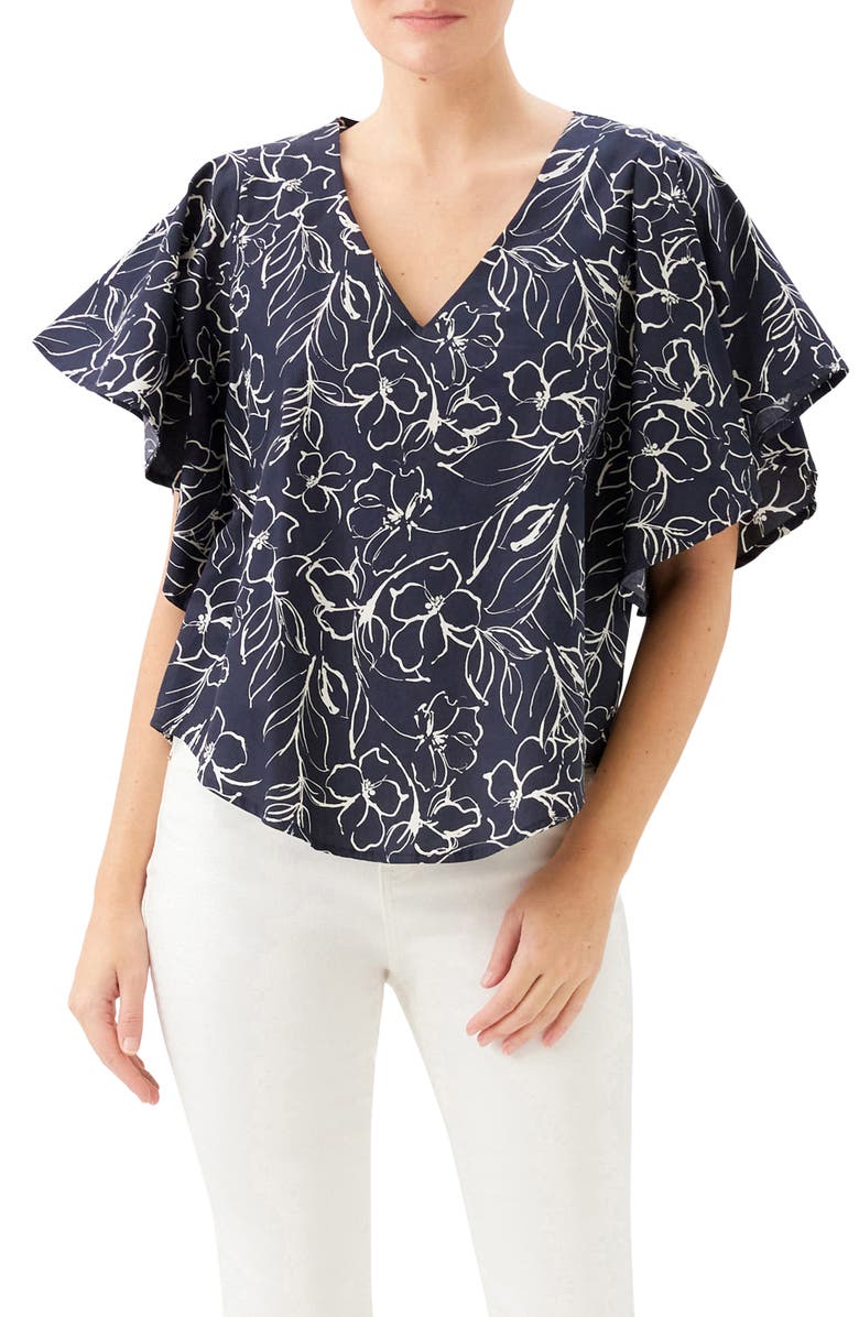 Karen Kane Flutter Sleeve V-Neck Cotton Top, Main, color, Print