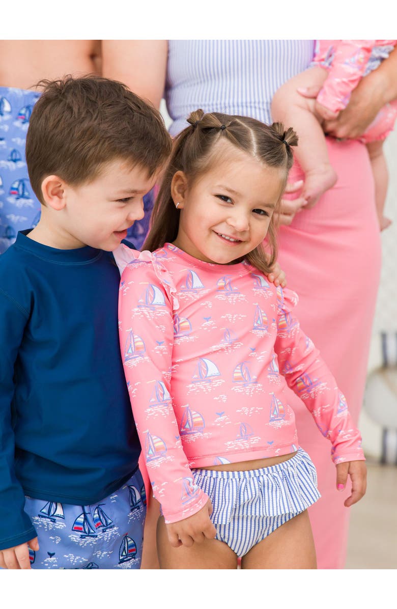 RuffleButts Baby/Toddler Girls UPF50+ Sun Protected Skirted Flutter Long Sleeve Rash Guard Bikini, Alternate, color, Pink Seas The Day