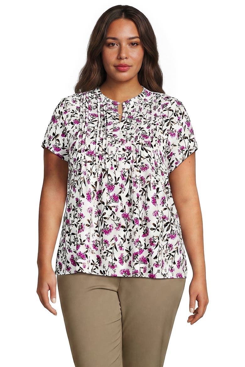 Plus Size Lightweight Jersey Button Pintuck Top, Main, color, Ivory/Pink Hydrangea