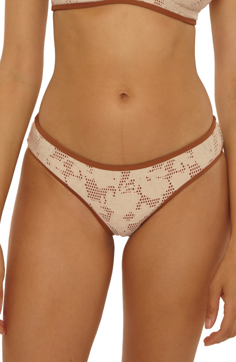 Lucky Brand Belize Contrast Binding Lace Overlay Hipster Bikini Bottoms, Main, color, Natural