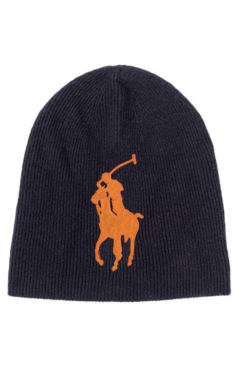 Polo Ralph Lauren Leather Pony Patch Beanie, Main, color, Aviator Navy