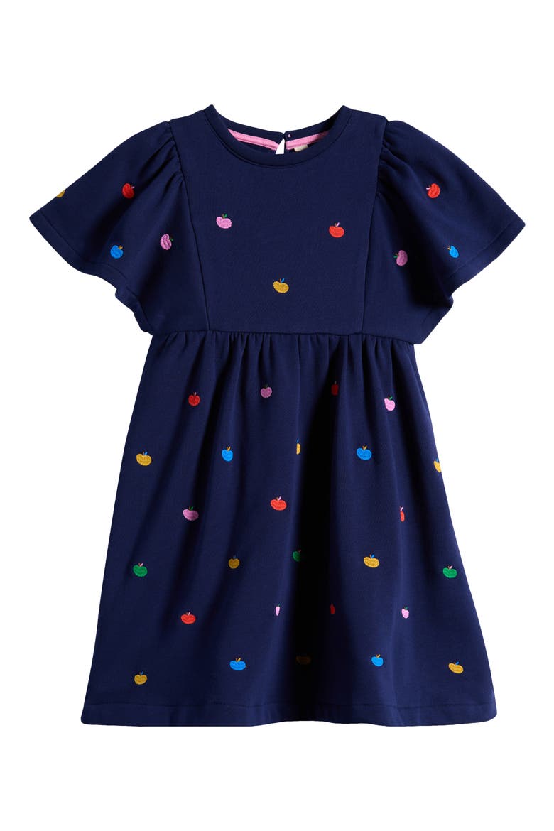 Kids' Apple Embroidered Flutter Sleeve Sweatshirt Dress, Main, color, COLLEGE NAVY RAINBOW APPLES