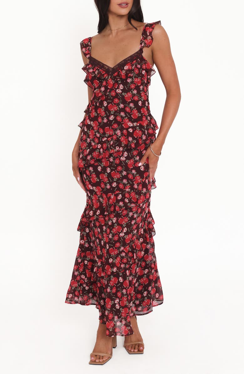 Petal & Pup Virginia Floral Ruffle Maxi Dress, Main, color, Brown Floral