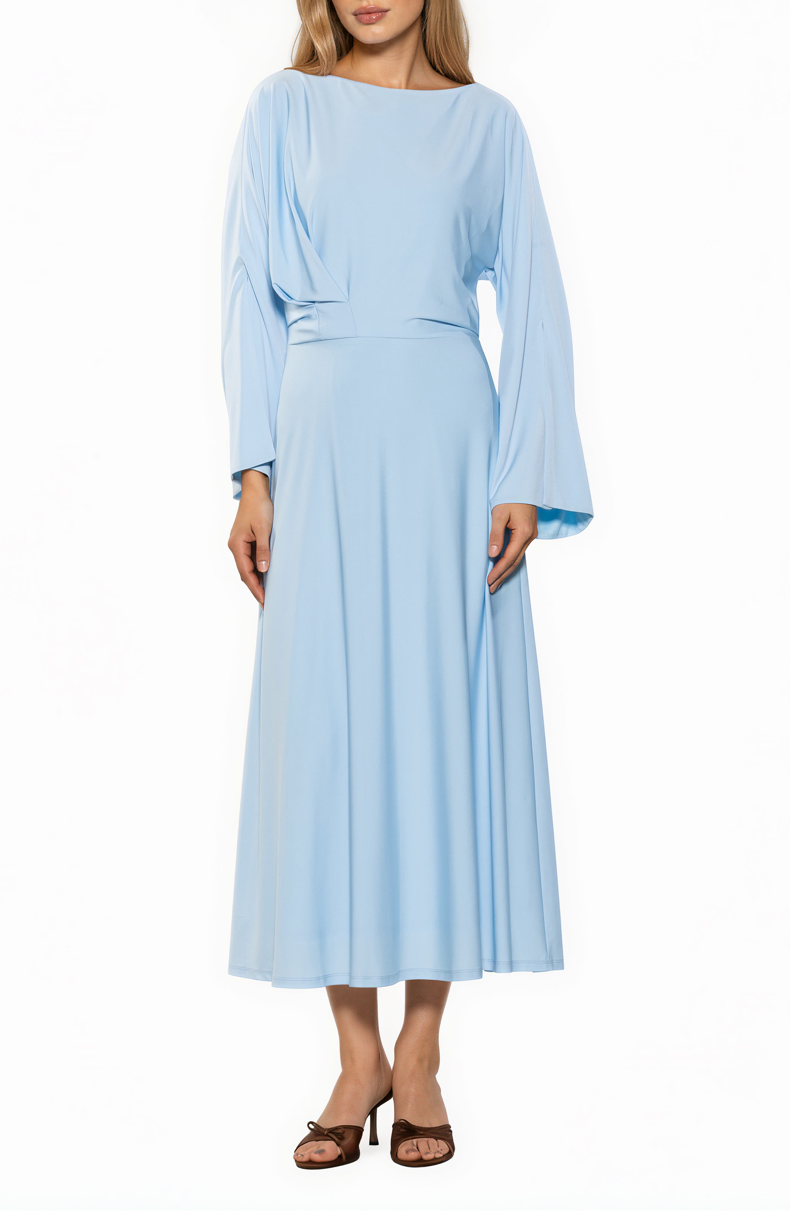 Cleo Boat Neck Trumpet Sleeve Midi Dress