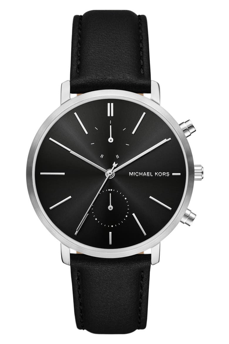 Blake Multifunction Leather Strap Watch, 42mm, Main, color, SILVER