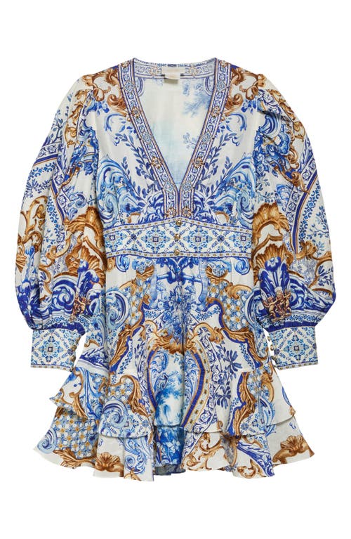 Shop Camilla Button Front Frill Long Sleeve Linen & Silk Minidress In Azul Adventures