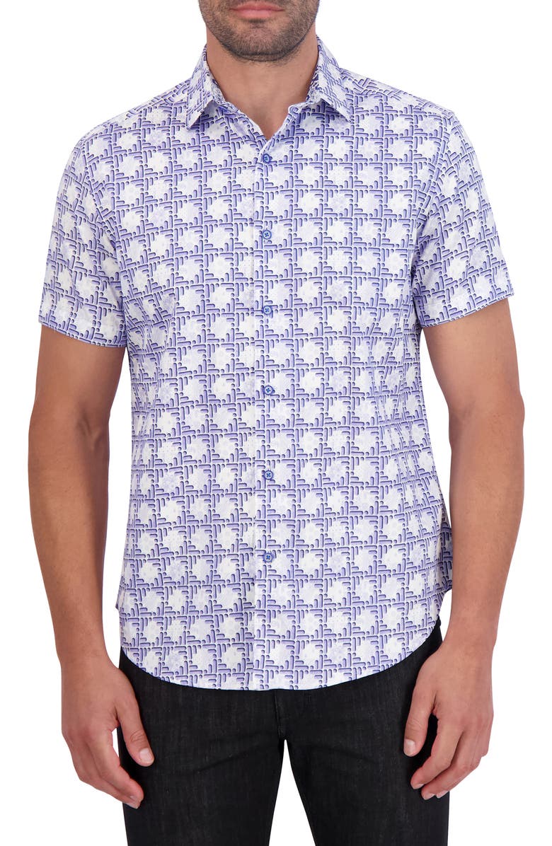 Robert Graham Geo Print Short Sleeve Cotton Button-Up Shirt, Main, color, Blue