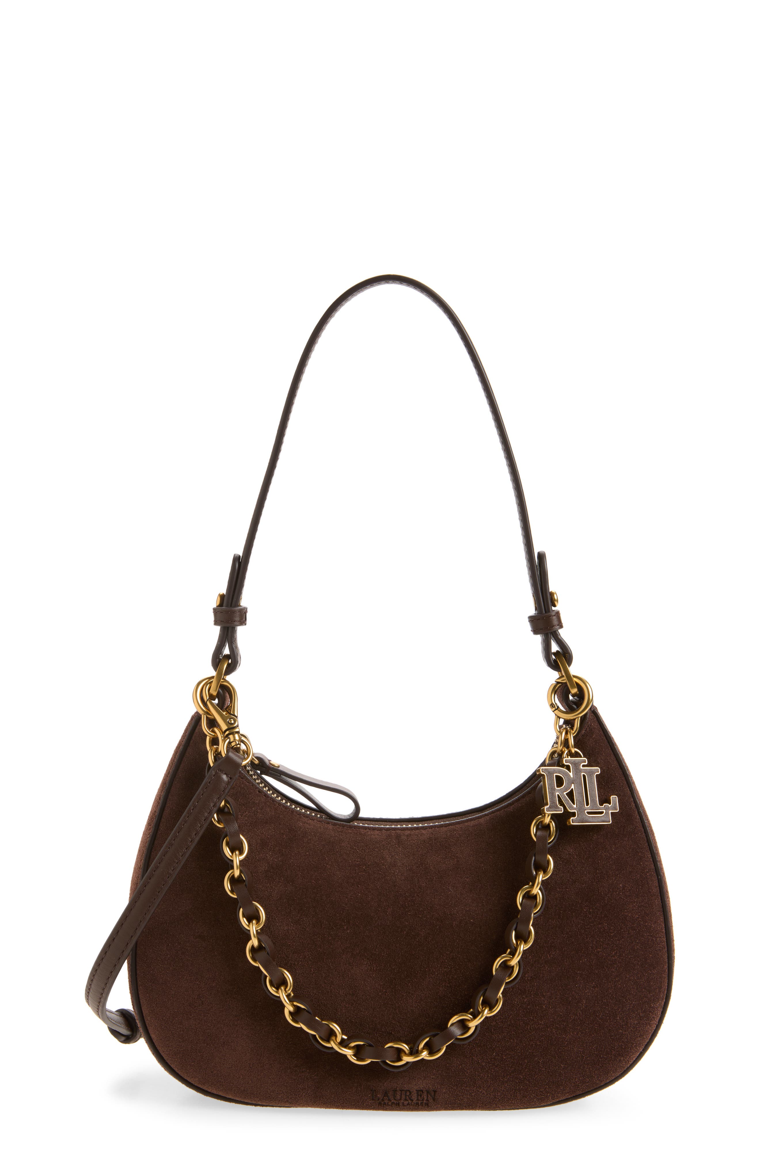 Chain Suede Shoulder Bag, Main, color, CHSNT BRWN